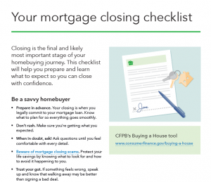 CFPB: Your Mortgage Closing Checklist