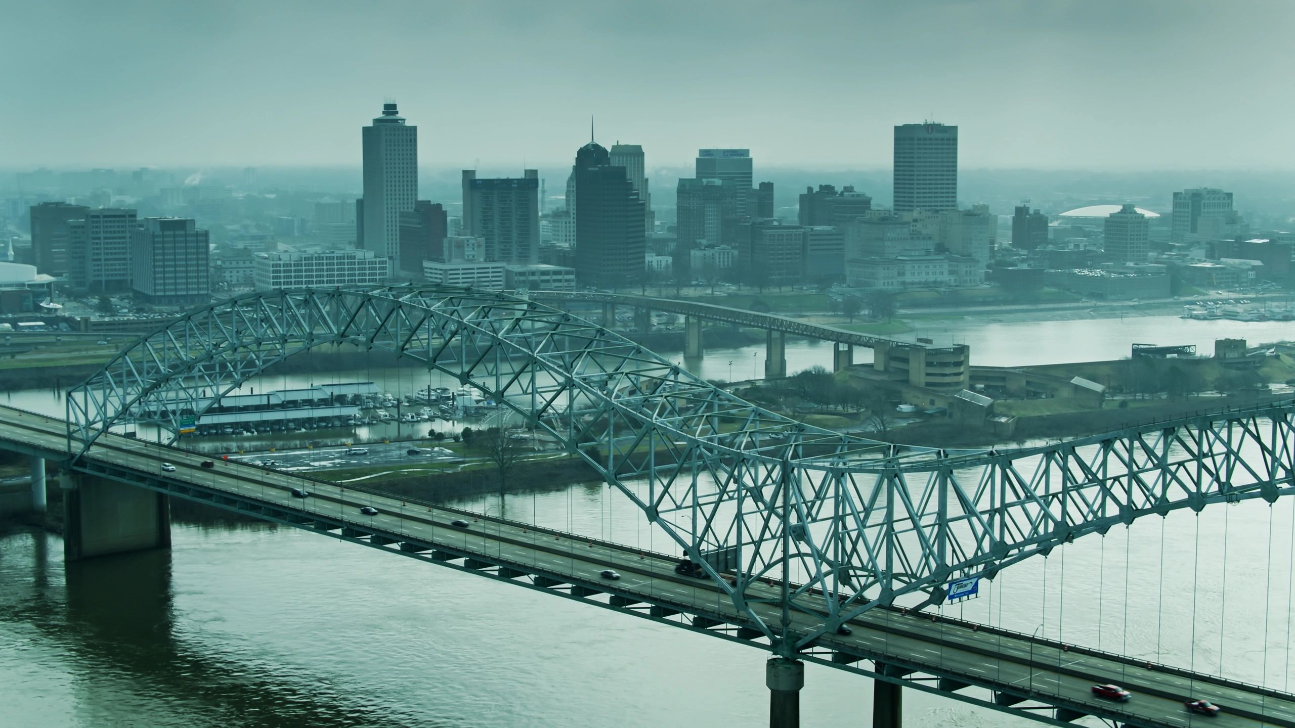 Downtown Memphis skyline and Hernando de Soto Bridge over the Mississippi River